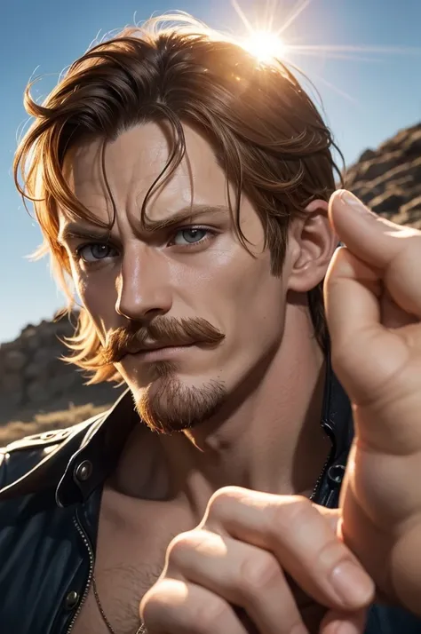 Escanor the lion of the sin of pride, pointing up with the sun at your fingertips, black hair and light brown eyes, saving people 