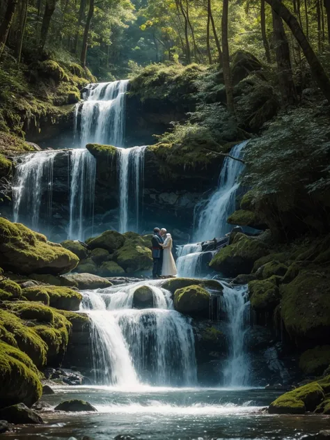 In the middle of the forest, behind the roar of a waterfall, a 43-year-old husband and wife couple wear traditional Muslim clothing. Studio light highlights every detail, creating incredibly realistic and sharp photos. Ultra HD, as if 64K