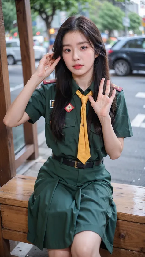 ((1girl)), in thai_girlscout_uniform, instant camera flash, pose at random location, makeup with glossy lip, small breasts, (tha...