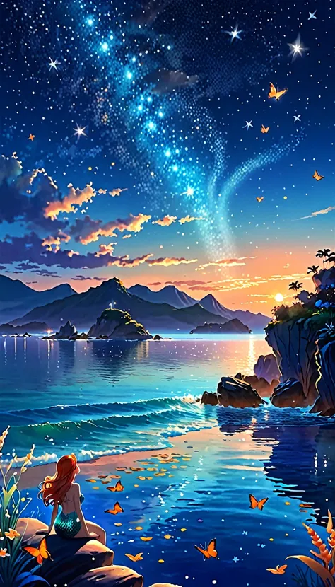 Mermaid Shadow、　Genuineistic、Genuineistic、Genuine、The main event is the sunrise.、Small aircraft、Small butterfly、Starry sky and sunrise、coastline、A fantastic butterfly、The image shows a little mermaid,Anime-style digital painting of a horizon landscape, won...