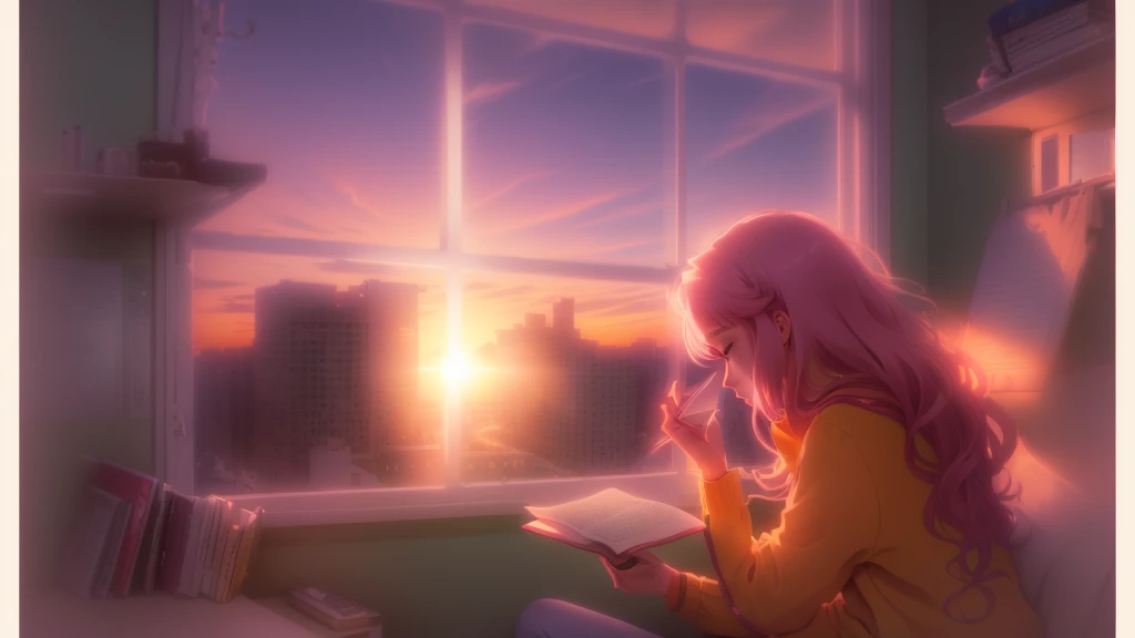 Woman sitting on bed in front of window reading a book, Watching the sunset. anime, girl watching sunset, watching the sunset, beautiful anime scene, Warm and beautiful scenery, anime aesthetic, looking out at a sunset, anime vibes, ((sunset)), looking at ...