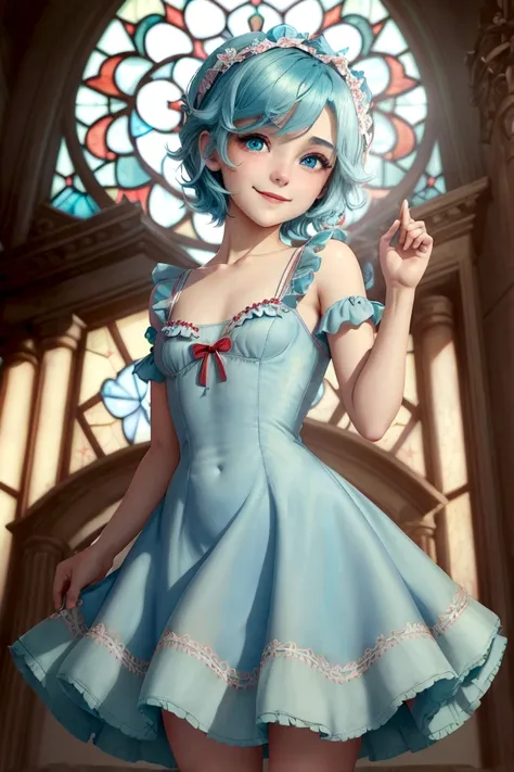 ((best quality)), ((masterpiece)), (detailed), femboy, blue aqua hair, blue eyes,short hair,( flat chest), thin body, big butt, cute face,blush on face, smile face, frilled dress, short dress, red color dress, sexy pose, hot pose, stained glass background 