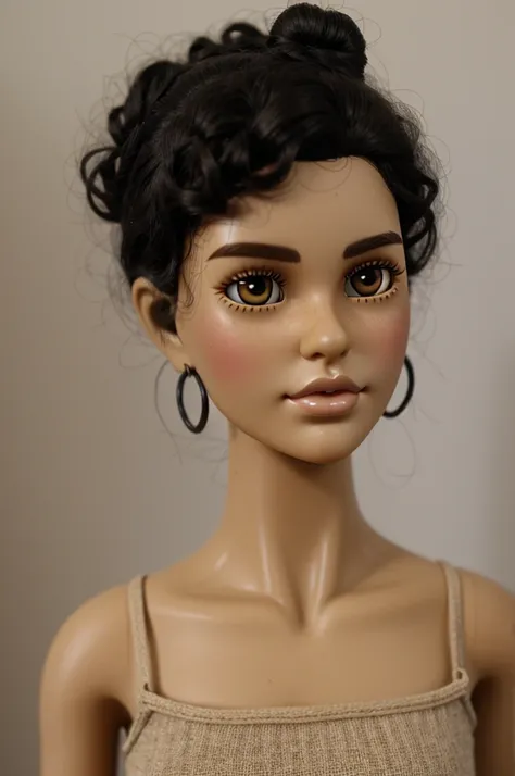 Blythe doll, short black hair, curly hair, high bun, brown eyes, acne marks, nose ring, brackets 