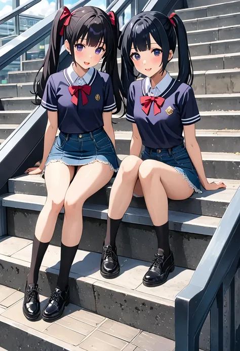 ((Highest quality, masterpiece, freak, Super Resolution)), ２People Girls、Black hair ponytail、Black hair twin tails、ribbon、Sitting on the steps in front of the station、 (Spread your legs)blush、from the front、(Denim tight mini skirt、Ultra mini skirt)、Purple ...