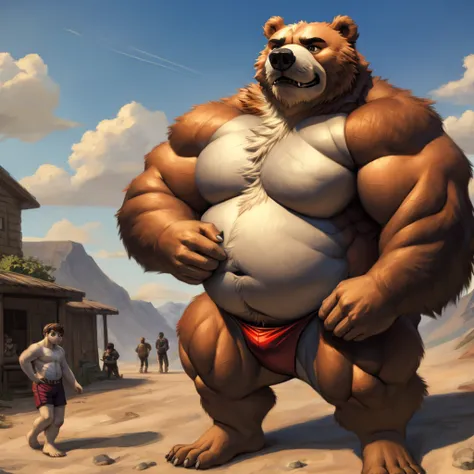 huge bear,  chubby，shirtless， alone， detailed， high resolution，， Masterpiece，Obesity in the extremities.，Over weight，Peter Junior，people,  on a trip to the brothel,  Boy hero of the people