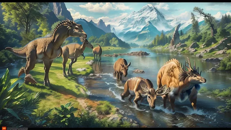 Dinosaur，Deer and other animals in a river with trees and mountains, realistic Ancient Art, highly realistic concept art, Ancient Art, realistic photography Ancient Art, 8k high detail concept art, Award-winning concept art, 8k resolution concept art, 4K r...