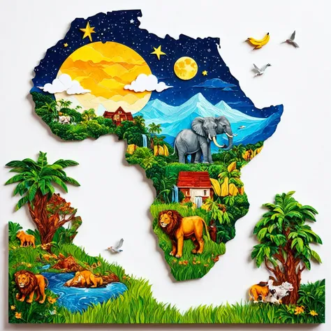 paper cut art (((masterpiece))),best quality, illustration, african map, within african map we see a night sky, cloud, banana pl...