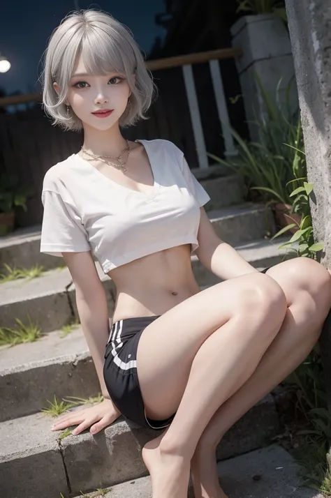 Top quality, RAW photos, super high resolution, shooting from the side, bright silver hair, bright gray hair, popping smile, one corner of mouth raised, 16 year old Korean, very big breasts, cleavage as close as possible to the face, cropped T-shirt, train...