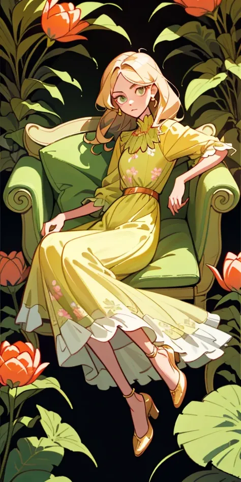 （Best quality at best，tmasterpiece），A girl is languidly half-lying on the sofa holding a potted plant planted with tulips，shift dresses，ventania，florals，Full body like，simplebackground，looking at viewert，The blonde