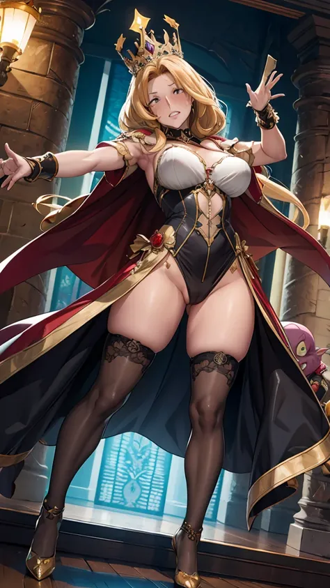 (I am a human queen and sole ruler of the goblin kingdom.), I am ordering my goblins to charge - action pose, Very generous cut-outs、Queen&#39;s green dress, Brunette chestnut medium length hair, The Queens Tiara, Sexy sweaty shiny armpits:1.2, Stiletto Qu...