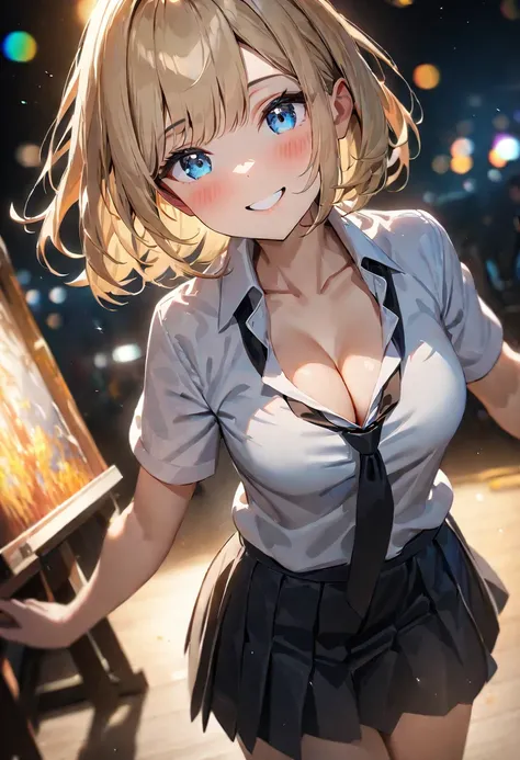 (((One girl))), blond hair, bob cut, (cowboy shot), (looking at viewer), face in focus, breasts, teenager, head tilt:1.3, (((blue eye))), ((happy smile)), ((blush)), school summer uniform, white shirts, ((black tie)), black skirt, dynamic pose, ((cleavage)...