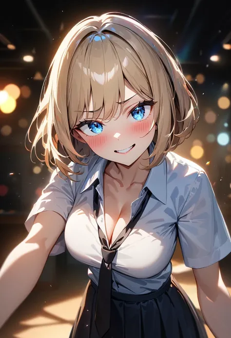 (((One girl))), blond hair, bob cut, (cowboy shot), (looking at viewer), face in focus, breasts, teenager, head tilt:1.3, (((blue eye))), wide eyes, ((evil smile)), ((blush)), school summer uniform, white shirts, ((black tie)), black skirt, dynamic pose, c...