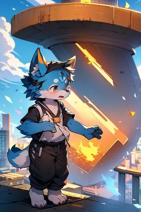 Blue fur, Canine, fox motif, boy, uniform,expensive，One person，Stand up on your own feet，expensive，Cityscape，expensive，The scene of the explosion！！！！run away，Whimpering，