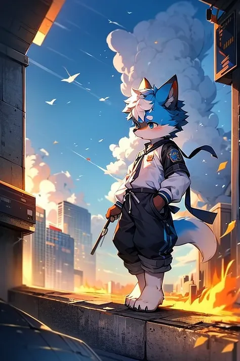 Blue fur, Canine, fox motif, boy, uniform,expensive，One person，Stand up on your own feet，expensive，Cityscape，expensive，The scene of the explosion！！！！run away，Whimpering，