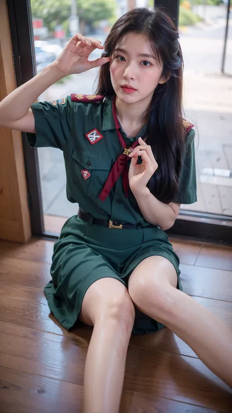 ((1girl)), in thai_girlscout_uniform, instant camera flash, pose at random location, makeup with glossy lip, small breasts, (tha...