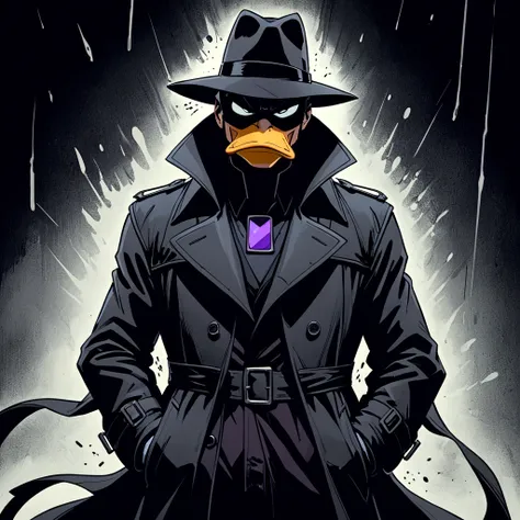 splash page, cinematic, darkwing duck wearing black trenchcoat, abyss black void coat, shades of darkness, no light source, hand drawn, animated, rotoscope, consuming insatiable darkness black trenchcoat