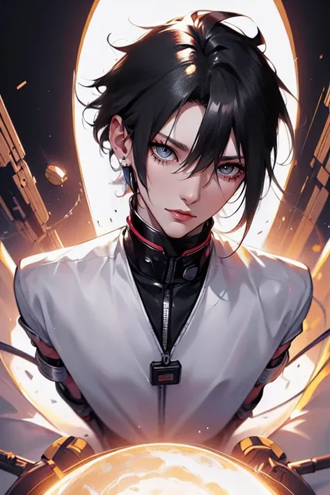 1 male (tall man, slim, manly, dominate, messy black-haired, wearing a sci-fi space outfit.) best quality, ultra-detailed, illus...