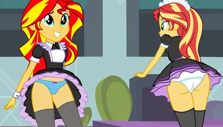 upskirt, duo focus, equestria girls, sunset shimmer, vagina in panties, smiling, butt, clothes, maid, panties, big butt, underwear, sunbutt, show accurate, vector, male pov, tenting, crotch bulge, erection in pants, offscreen male character