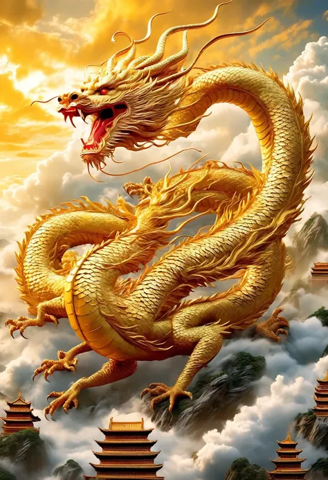 (Highest quality,masterpiece, Complex,Super detailed,Realistic,RAW Photos,8K Ultra HD,Ultra-high resolution,Photorealistic Style,Movie Scenes, Sharp focus,Dramatic lighting,Highly detailed CG Unity wallpaper) ,Golden Chinese Dragon,Chinese Golden Dragon in...