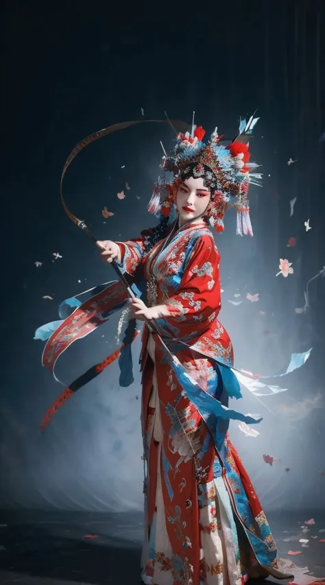 masterpiece, best quality, masterpiece, best quality, 1 girl, flowing costumes，maximum chest，peking opera,qibi