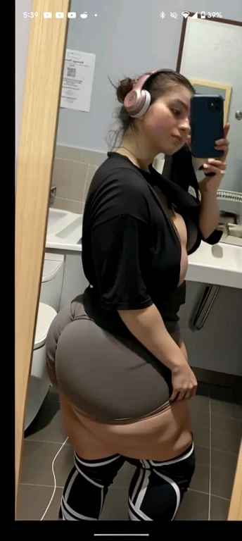 araffe in a black shirt and grey shorts taking a selfie, thicc, big booty, insanely inflated hips, thick, pawg, thick thigs, she has a jiggly fat round belly, thick tail, large thighs, thick thighs, wide hips, thick body, thicc build, somewhat bent over, b...