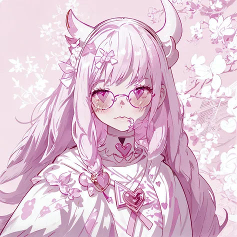 "imvu, pink hair, pink heart eyes, white round glasses, pale skin, white and pink cow ears, white horns with pink bows, fuzzy wh...