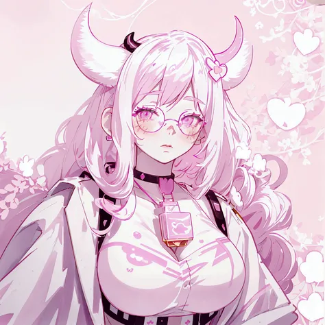 "imvu, pink hair, pink heart eyes, white round glasses, pale skin, white and pink cow ears, white horns with pink bows, fuzzy wh...