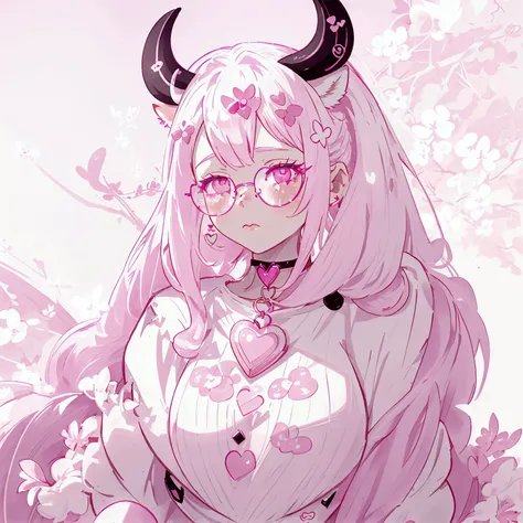 "IMVU, pink hair, pink heart eyes, white round glasses, pale skin, white and pink cow ears, white horns with pink bows, fuzzy white jacket with pink spots, pink cowbell choker, kawaii, soft, high quality, masterpiece, 8k, large breasts, showing cleavage