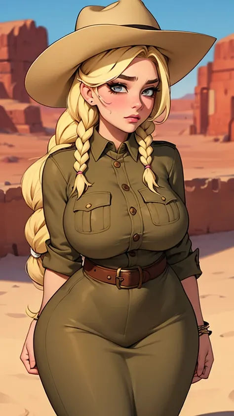 woman sheriff, wild west, curvy, cowboy hat, blonde braids hair, pink skin, parts, stir in both hands, village scene in the dese...