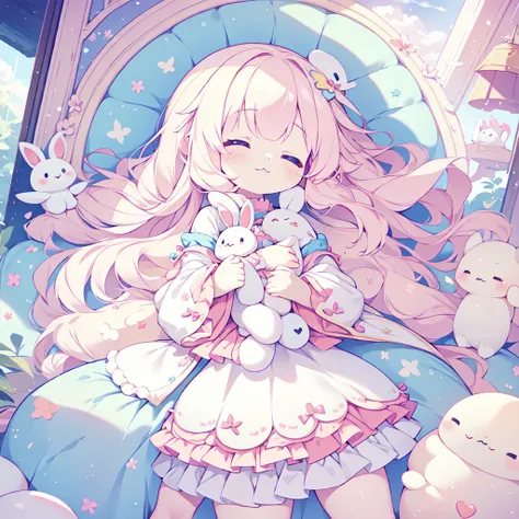 One girl, Little stuffed rabbit, costume, albino, close your eyes, :3, Sleeping Peace, Marshmallow bed、kawaii tech、