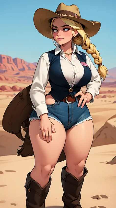 Woman sheriff, wild west, curvy, cowboy hat, blonde braids hair, pink skin, parts, jeans, White shirt, Cowboy vest, texan buckle, Cowboy boots, stir in both hands, village scene in the desert