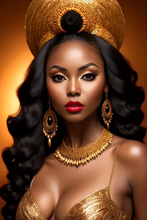 Create an image of a stunningly gorgeous beautiful  African goddess, long luscious eyelashes, black eyeliner, professional studio makeup, lipstick, natural hair, stunningly gorgeous goddess face light silky perfect skin, perfect body figure, natural large ...