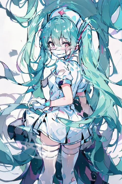 1woman, solo, nurse, nurse cap, white wear, ((white legwear, zettai ryouiki)), white gloves, long hair, hatsune miku, red eyes, ...