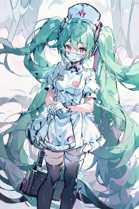 1woman, solo, nurse, nurse cap, white wear, ((white legwear, zettai ryouiki)), white gloves, long hair, hatsune miku, red eyes, ...