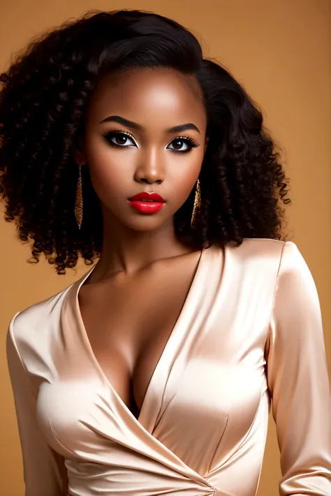 Create an image of a stunningly gorgeous beautiful  African teenager, long luscious eyelashes, black eyeliner, professional studio makeup, lipstick, natural hair, stunningly gorgeous seductive face, light silky perfect skin, perfect body figure, natural la...