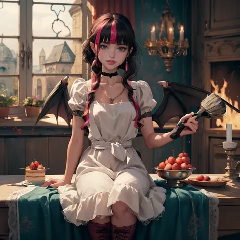 1 girl, a girl with bat wings, holding a pastry brush, succubus, bakery, a cake on focus, cake with strawberrys and red roses, b...