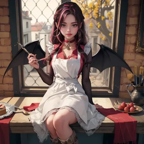 1 girl, a girl with bat wings, holding a pastry brush, succubus, bakery, a cake on focus, cake with strawberrys and red roses, b...