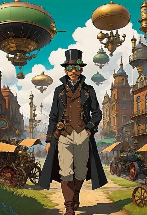 A steampunk-inspired illustration inspired by the works of Hayao Miyazaki, featuring an adventurer in a black trench coat exploring a fantastical landscape. The coat is adorned with brass buttons and gears, and the character wears goggles atop a wide-brimm...