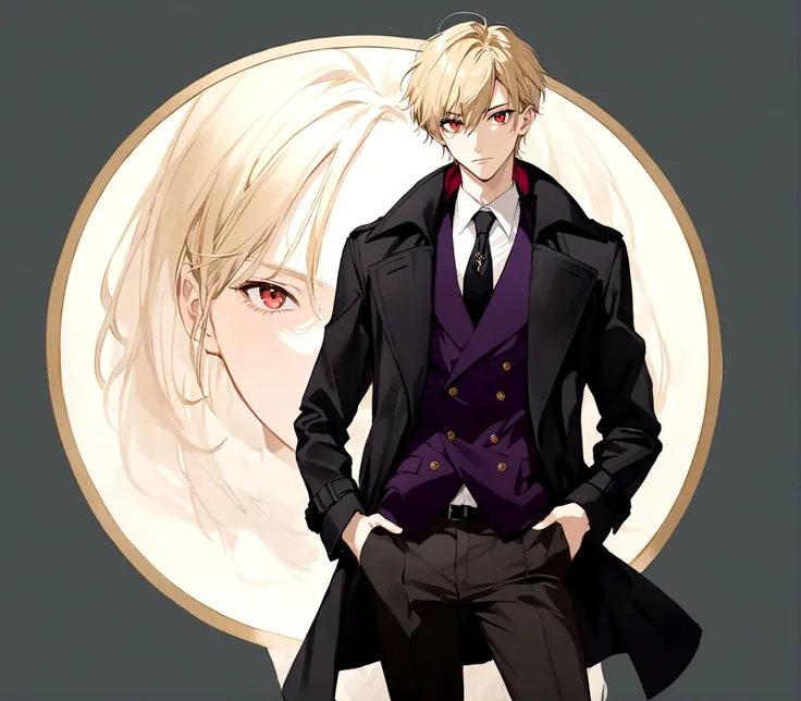 Hands in pockets,Exquisite facial features,blond，Red Eyes，Young male，Black trench coat