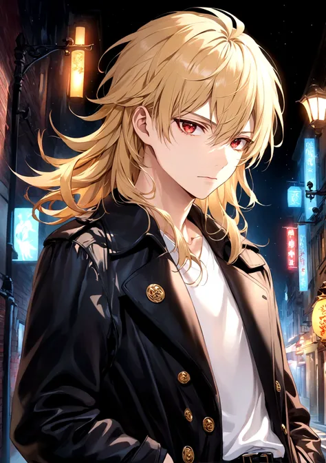 Hands in pockets,Exquisite facial features,blond，Red Eyes，Young male，Black trench coat，一个穿着Black trench coat的孤独身影，Leather texture，Glossy，Intricate details，Under the night sky，City Streets，Illuminated by street lights，Close-up of face，Thoughtful expression，...