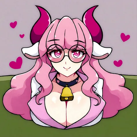 "IMVU, pink hair, pink heart eyes, white round glasses, pale skin, white and pink cow ears, white horns with pink bows, fuzzy white jacket with pink spots, pink cowbell choker, kawaii, soft, high quality, masterpiece, 8k, large breasts, showing cleavage