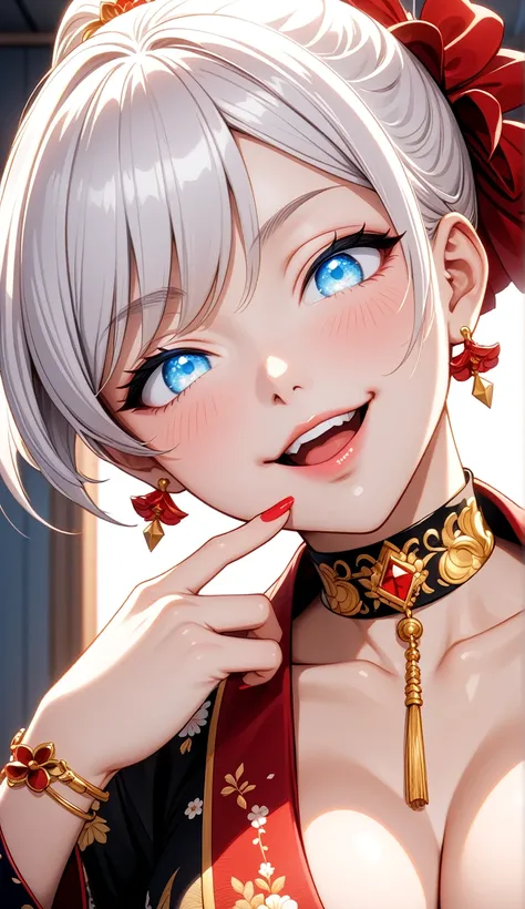 ((One personの女性)), Beautiful Face, (Laughing embarrassedly), (laugh:1.2),((Wink:1.9)), (head tilt:1.3), Laugh with your mouth wide open, upper teeth, looking down at viewer, ((Bright red cheeks:1.4)),Glossy Red Lips,rooftop, firework, Glossy red lips, Shin...