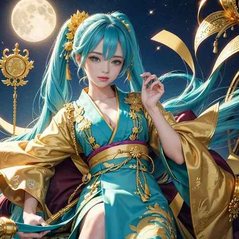 Try to give your audience a bouquet、
watching at viewers、for the background(ancient city:1.2)And the moon、((dense background))、poneyTail、Woman、perfect hand、BREAK {{{Luxury kimono(Colorful kimono(Detailed golden embroidery,))}}}、face perfect,Depict a beauti...