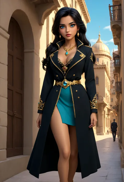 (1girl, disney princess jasmine, black trenchcoat, royal miniskirt, royal haltertop, gold bodychains, sneaking out, princess girls night out, princess ariels downtown apartment, elegant, beautiful detailed eyes, beautiful detailed lips, extremely detailed ...