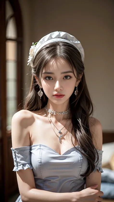 1girl, jewelry, solo, bracelet, blurry, blurry background, long hair, earrings, dress, hat, necklace, lips, looking at viewer, depth of field, bare shoulders, adjusting headwear, grey hair, grey eyes, adjusting clothes, puffy sleeves, choker