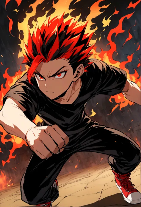 Teenage boy, hair spiked up, medium length hair, multicolored fiery red hair, serious face, Eyes red, loose black shirt, black pants, red sneakers, fire aura around the character, scene in an open-air fighting arena, lot of details