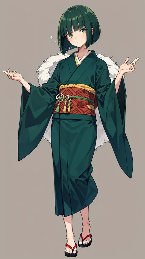 1 boy, 30 years old, full body, blunt bangs, Bob cut, dark green hair, kimono,