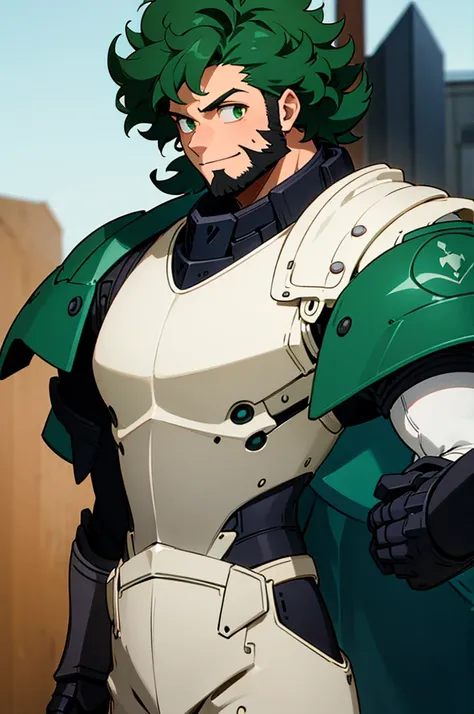 dark green hair, green eyes, smiling, curly hair, mature male, lean build, white shirt, short length hair, on the street, red and black hero suit, armor paddings on body, armor on chest, bearded, mature