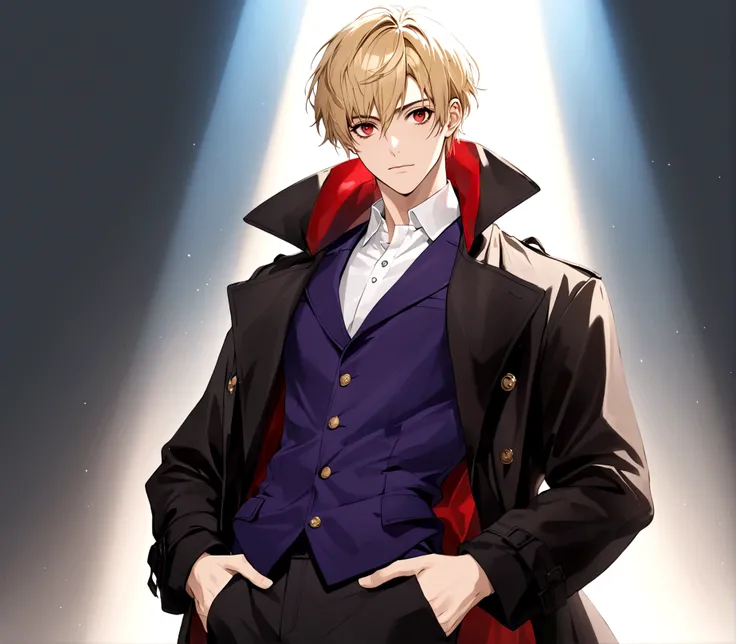 Hands in pockets,Exquisite facial features,blond，Red Eyes，Young male，Black trench coat