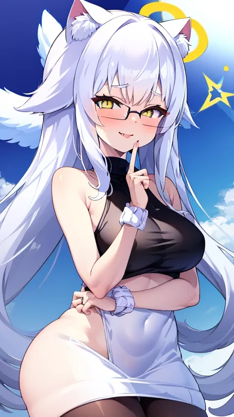 An 18 year old female angel with long, white hair, yellow eyes, white cat ears, and large white angel wings. yellow halo ring round white glasses (White halter turtleneck sweater, purekiller sweater, sleeveless, sexy backless sweater) white arm warmers fin...